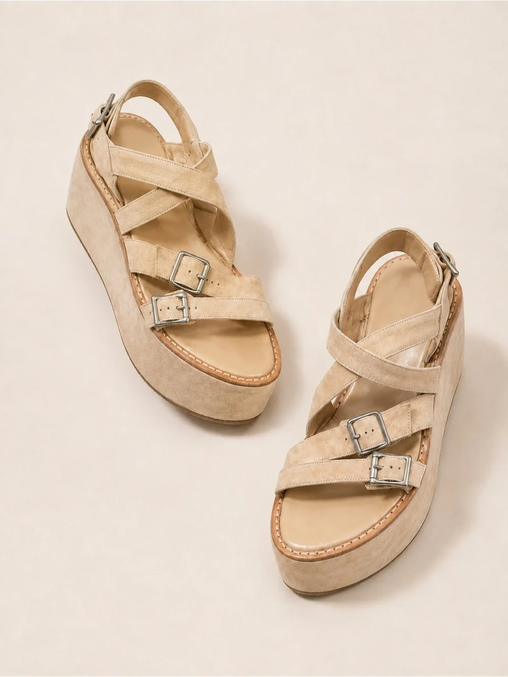 Ann Demeulemeester Cream Suede Platform Sandals EU 40 70s Boho Luxe Avant Garde